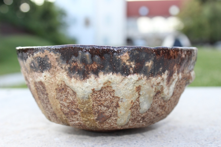 On this bowl (top to bottom): iron glaze, chalk glaze and Madeira slip