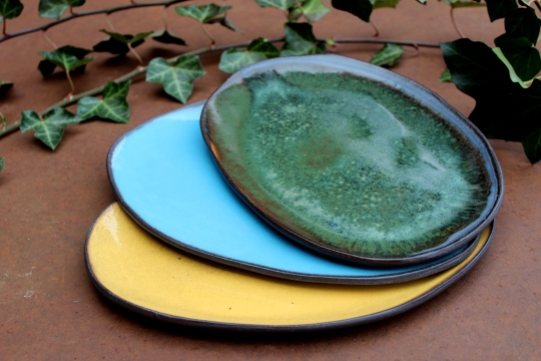 Yellow, blue turquize and forest green plate